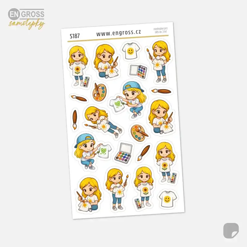 Mini samolepky do diáře a kalendáře s blondýnkou malující na tričko.