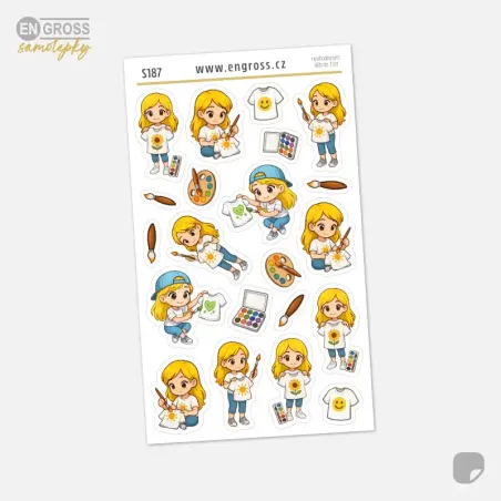 Mini samolepky do diáře a kalendáře s blondýnkou malující na tričko.