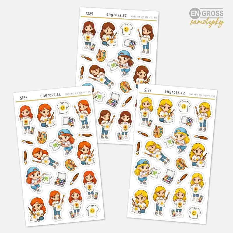 Sada samolepek do diáře s brunetkou, blondýnkou a zrzkou, jak malují na trička.
