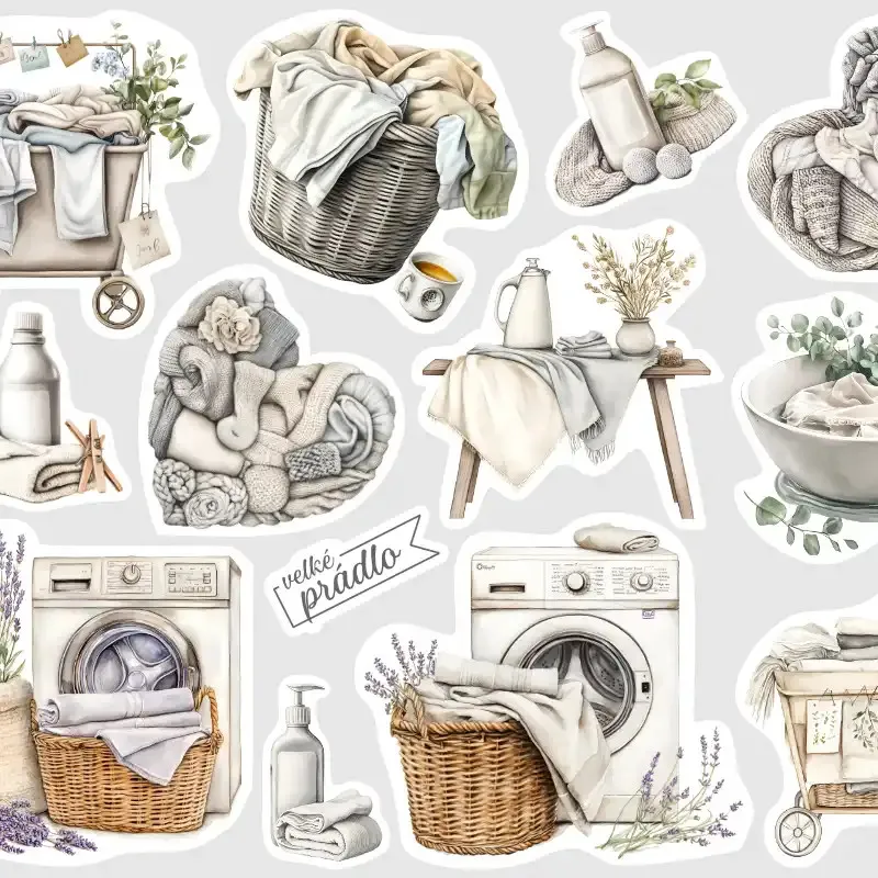 Praní prádla, pračka, koše s prádlem - samolepky do diáře.