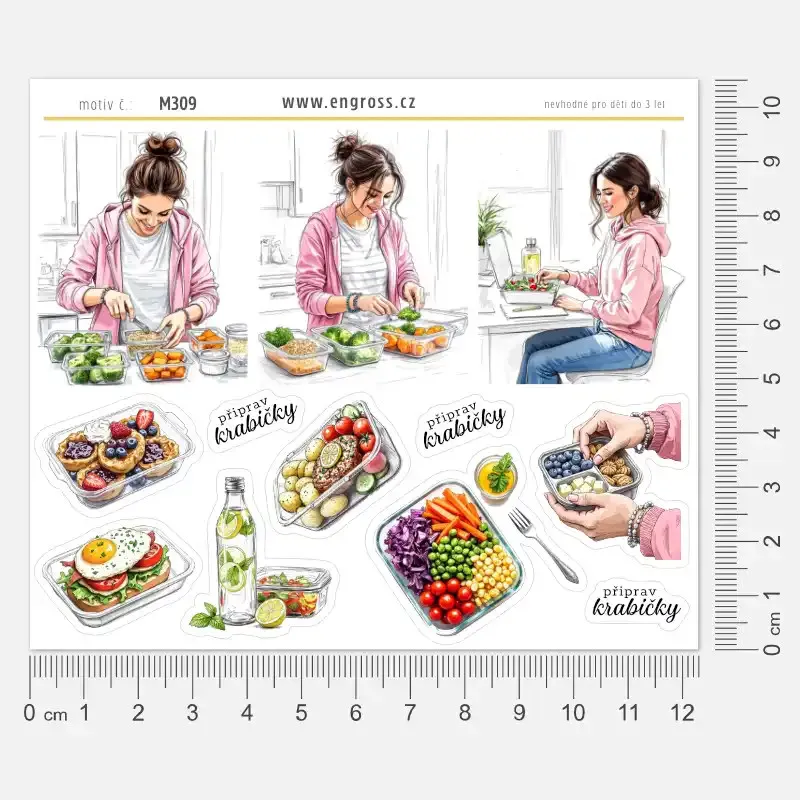 Arch kreslených samolepek Příprava jídla do krabičky.