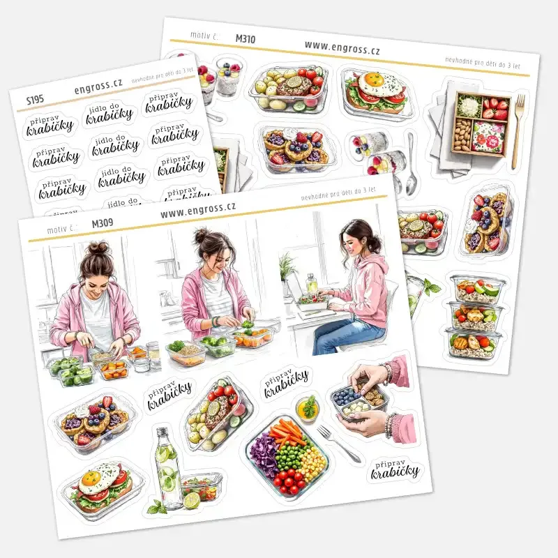 Sada samolepek do diáře, ilustrovaných a textových pro plánování vaření obědů do krabiček.