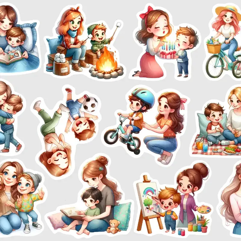 Samolepky maminky a synové slaví narozeniny, čtou si knihu, jezdí na kole.