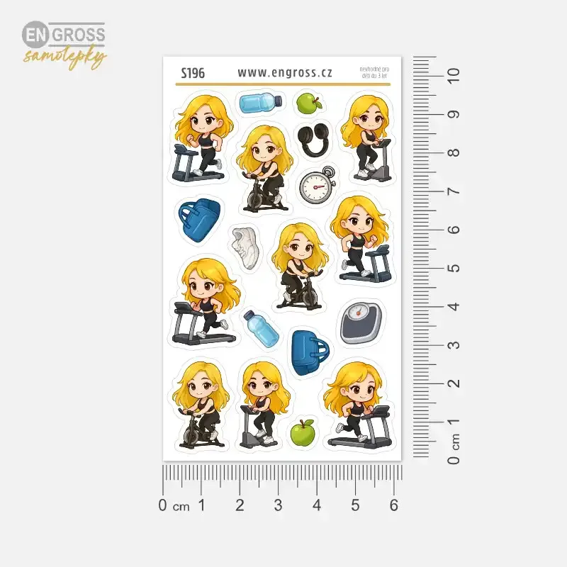 Samolepky Blondýnka sportuje ve fitness centru - spinning, stepper, běžecký pás.