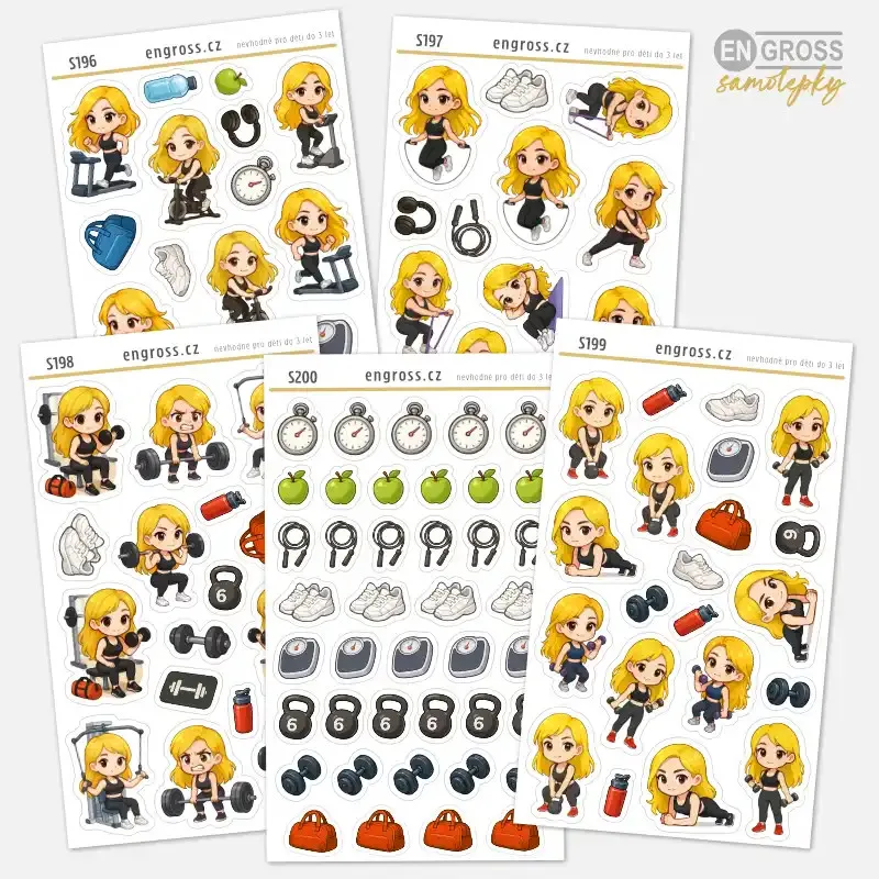Samolepky Blondýnka sportuje ve fitness centru - sada mini nálepek do diáře.