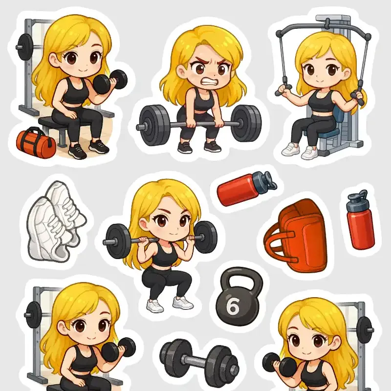 Samolepky Blondýnka: Posilovna, činky a dřepy - mini nálepky do diáře.