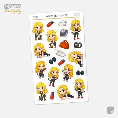 Samolepky do diáře Blondýnka: Plank, kettlebell a činky.