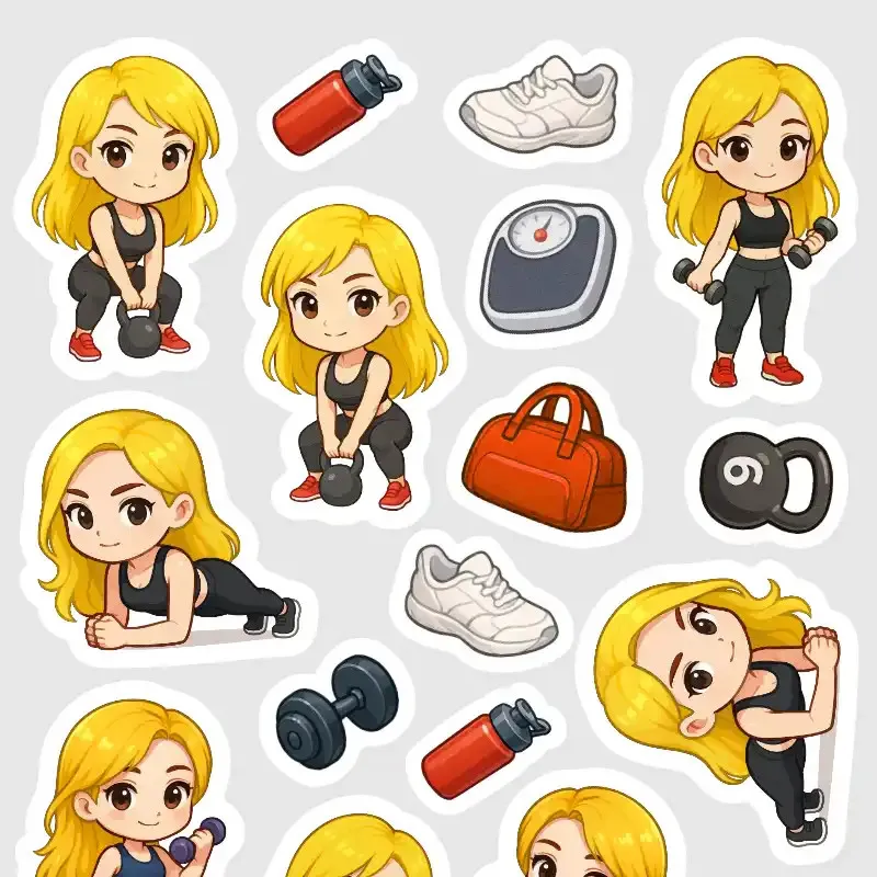 Samolepky Blondýnka: Plank, kettlebell a činky - mini nálepky do diáře.
