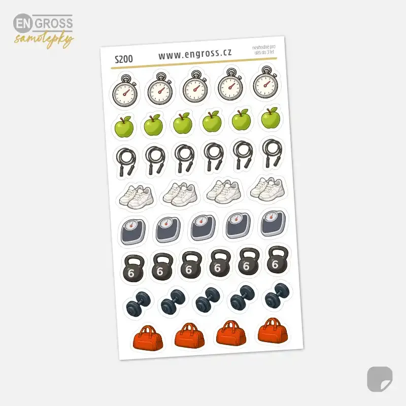 Mini samolepky do diáře: Fitness ikony a sportovní doplňky.