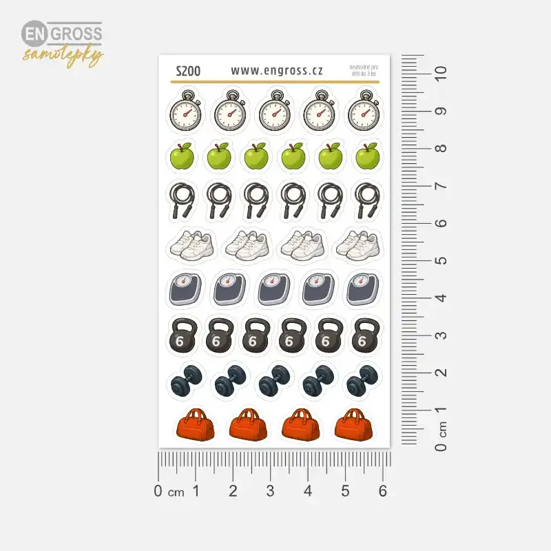 Mini samolepky do diáře: Fitness ikony a sportovní doplňky.