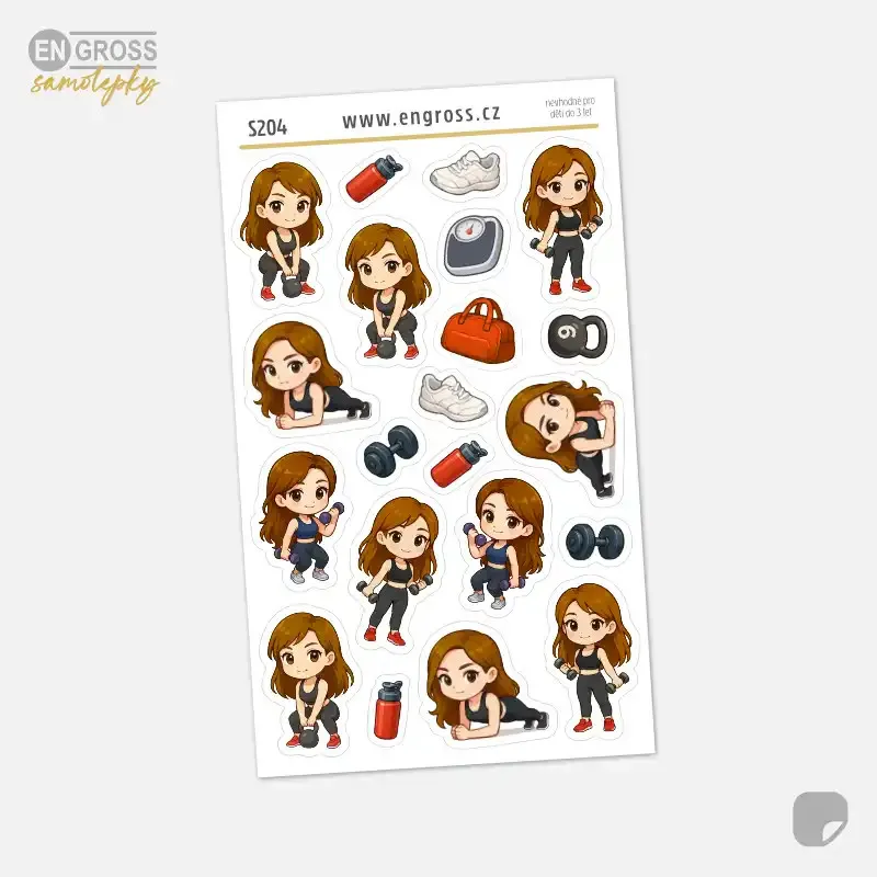 Samolepky do diáře Brunetka: Plank, kettlebell a činky.