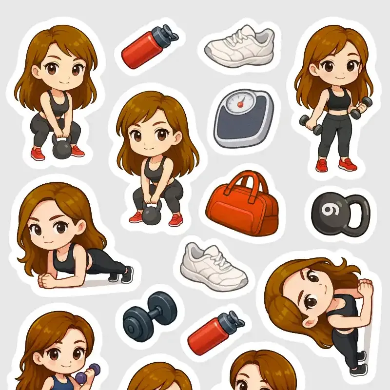 Mini samolepky do diáře Brunetka: Plank, kettlebell a činky.