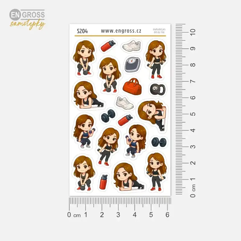 Malé samolepky do diáře Brunetka: Plank, kettlebell a činky.