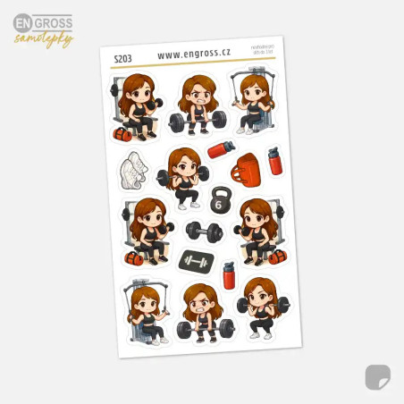 Samolepky do diáře Brunetka: Posilovna, činky a dřepy.