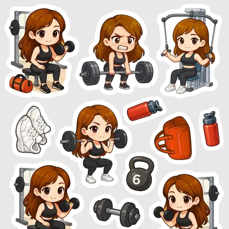 Mini samolepky do diáře Brunetka: Posilovna, činky a dřepy.