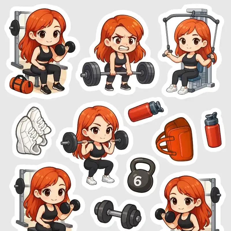 Mini samolepky do diáře Zrzka: Posilovna, činky a dřepy.