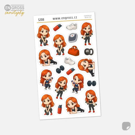 Samolepky do diáře Zrzka: Plank, kettlebell a cvičení s činkami.