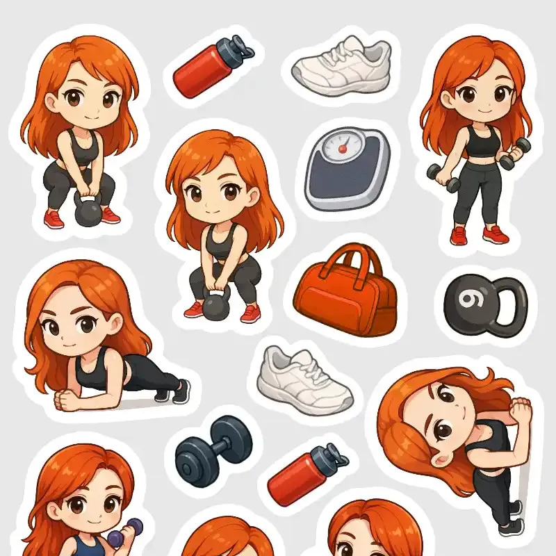 Mini samolepky do diáře Zrzka: Plank, kettlebell a cvičení s činkami.