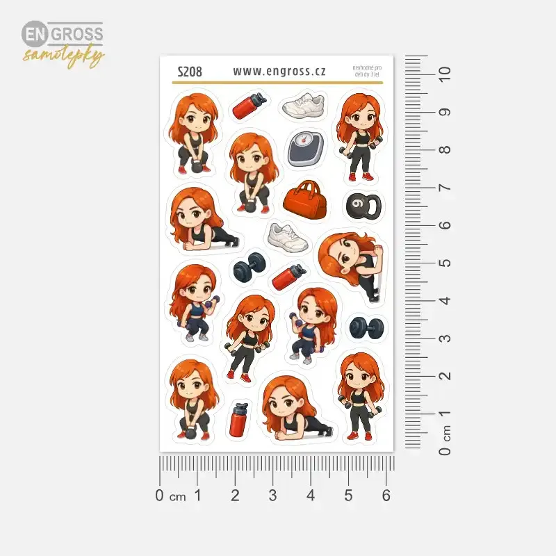 Malé samolepky do diáře Zrzka: Plank, kettlebell a cvičení s činkami.