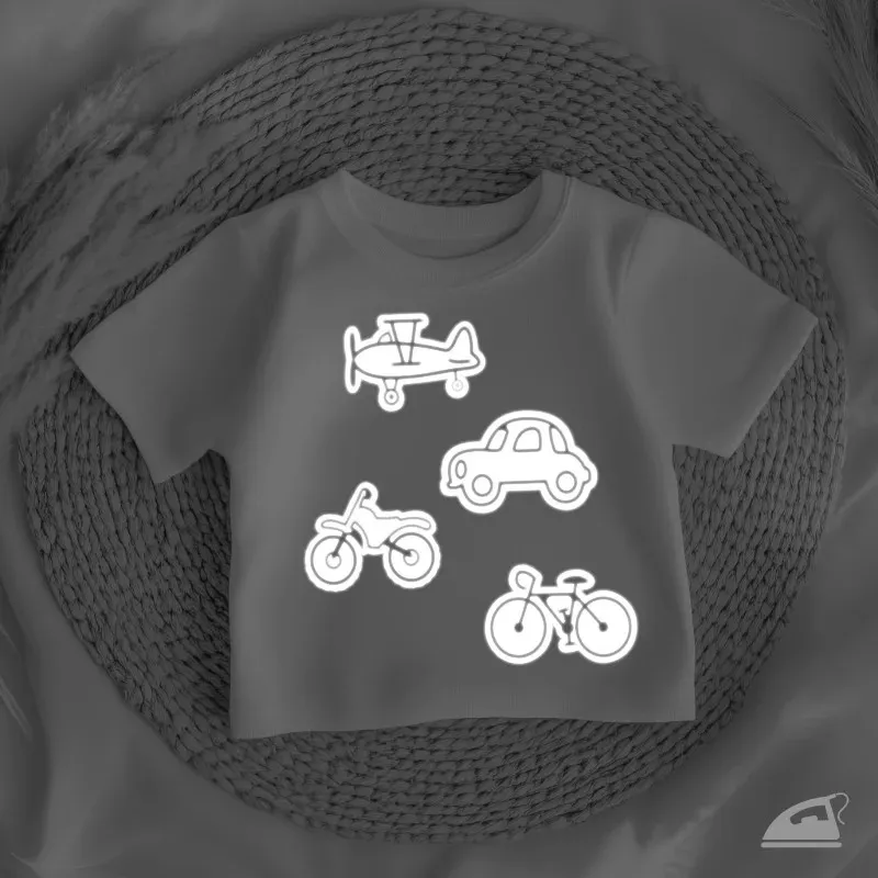 Reflexní nažehlovačky Auto, letadlo, kolo a motorka – sada pro kluky.