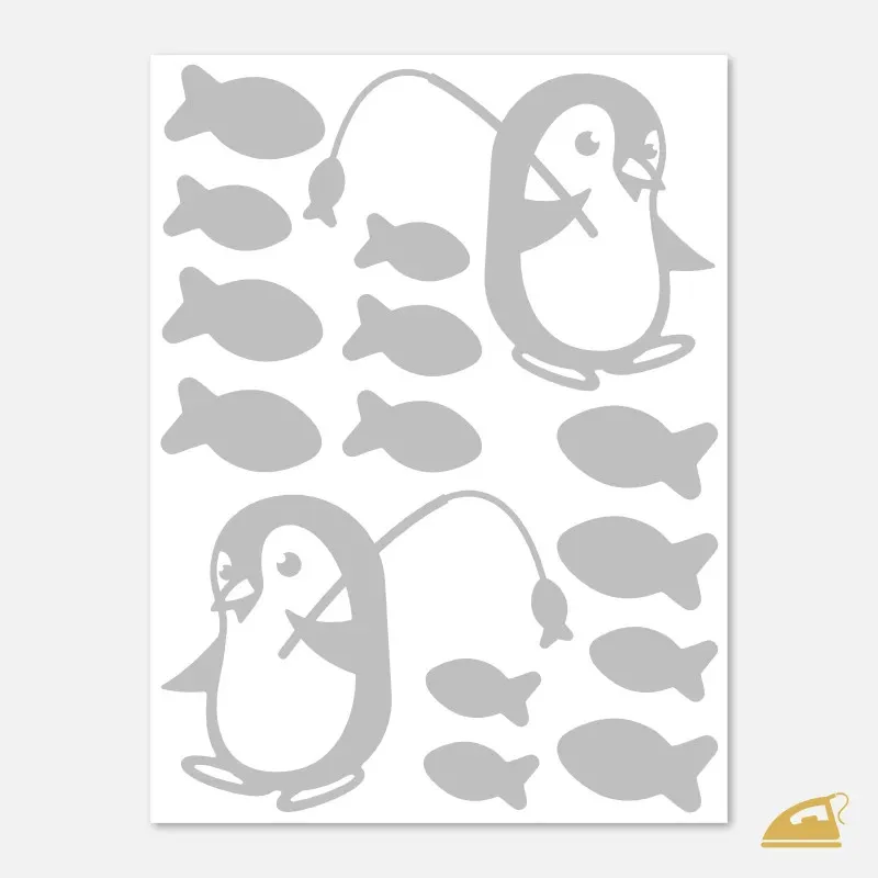 Reflexní nažehlovačky Tučňák rybář a rybičky – kreativní nažehlovací sada.