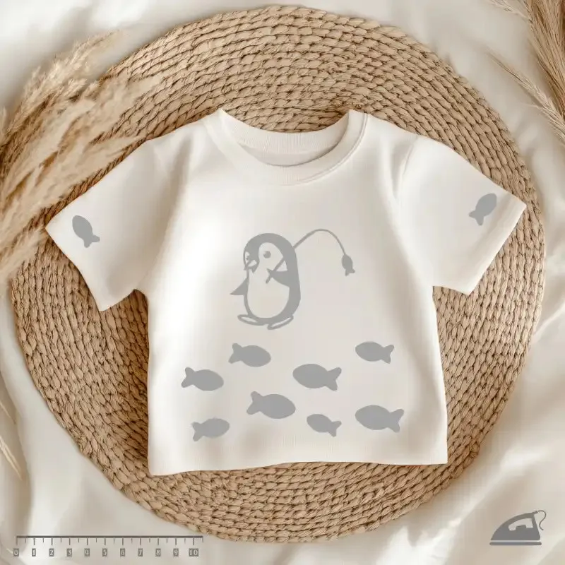 Reflexní nažehlovačky Tučňák rybář a rybičky – na oblečení pro děti.