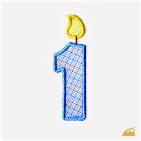 Modrá vyšívaná nažehlovačka číslice 1: Narozeninová svíčka.