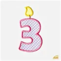 Růžová vyšívaná nažehlovačka číslice 3: Narozeninová svíčka pro holčičky.