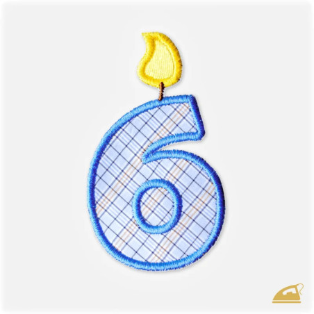 Modrá vyšívaná nažehlovačka číslice 6: Narozeninová svíčka.