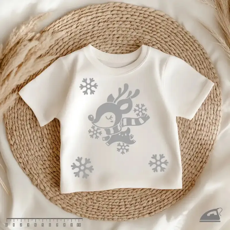 Reflexní nažehlovačka Zimní sobík se šálou a 3 vločkami.