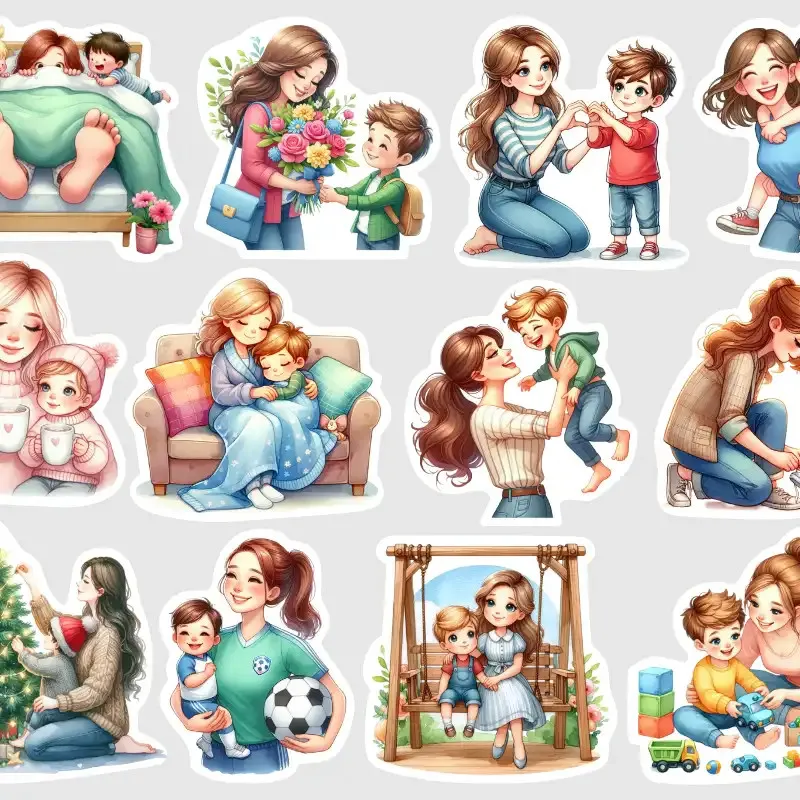 Kolekce nálepek maminky a syna při běžných denních činnostech - ranní vstávání, zavazování tkaničky, vánoce.