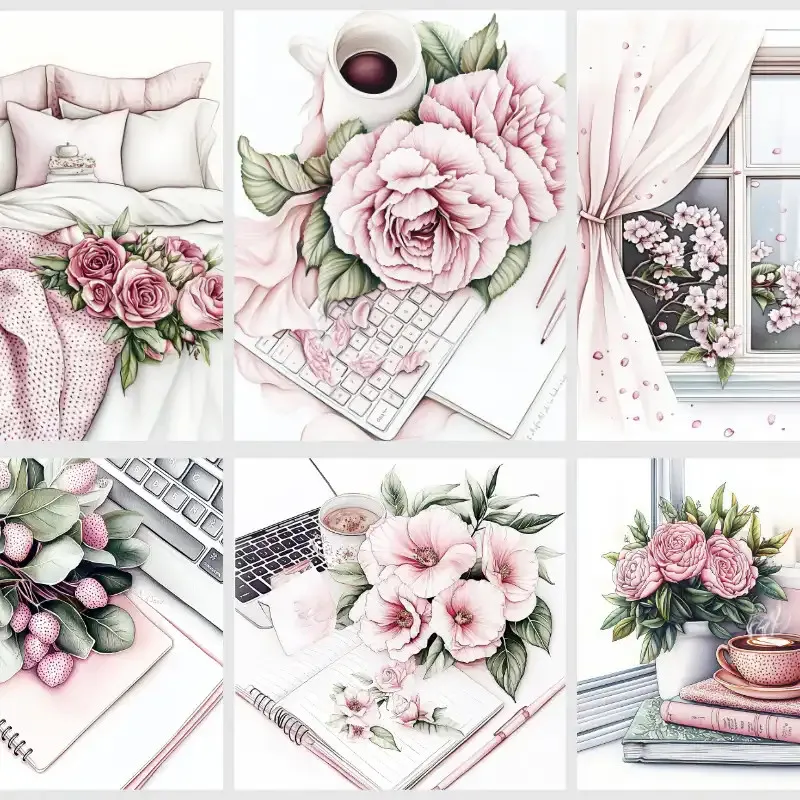 Romantické samolepky do diáře s růžovými květy.