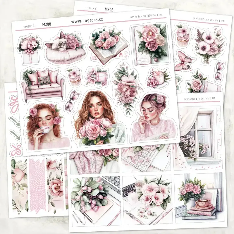 Romantické samolepky do diáře s růžovými květy.