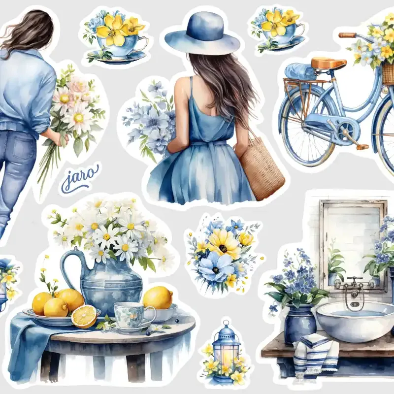 Samolepky do diáře Jarní víkend: zátiší laděná do modré a žluté barvy.