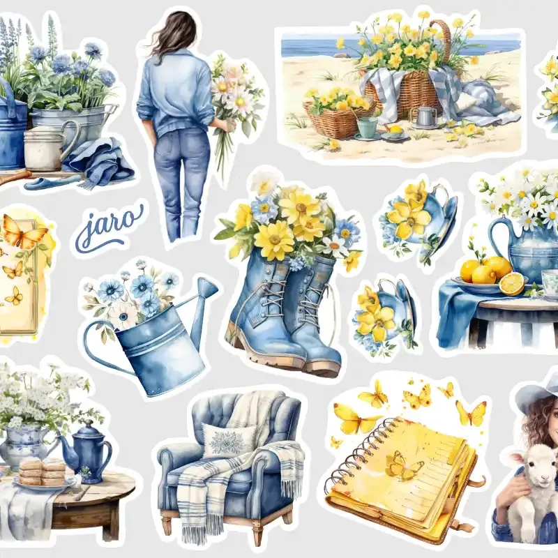 Samolepky do diáře Jarní víkend: Romantika v denim modré a žluté.