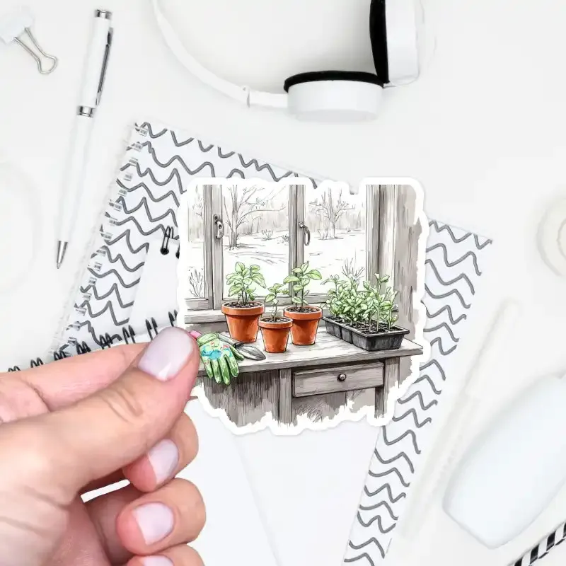 Samolepka do diáře - sazeničky u okna, pencil sketch ilustrace.
