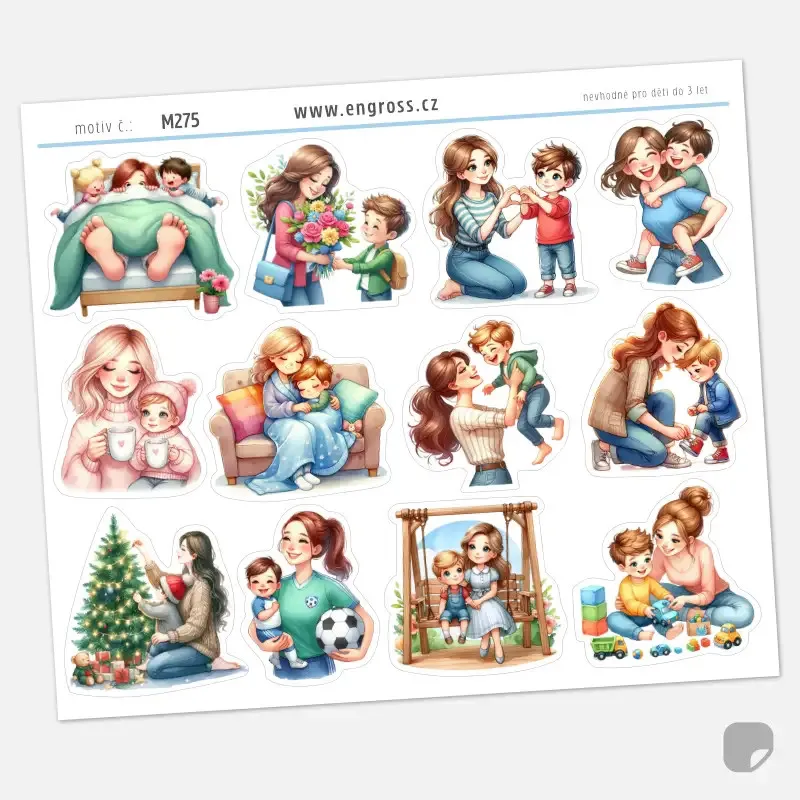 Arch samolepek s obrázky maminky a syna - na houpačce, fotbal, společné hraní si.