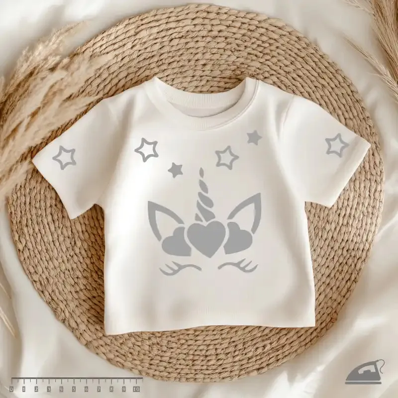 Reflexní nažehlovačka Jednorožec se srdíčky – velký potisk pro holčičky.