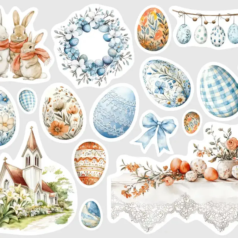 Samolepky do diáře Velikonoční svátky: Jemné barvy modrá a terakota.