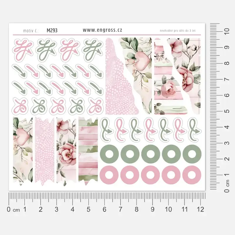 Samolepky do diáře - washi, rohy, šipky, kolečka v růžové a zelené.