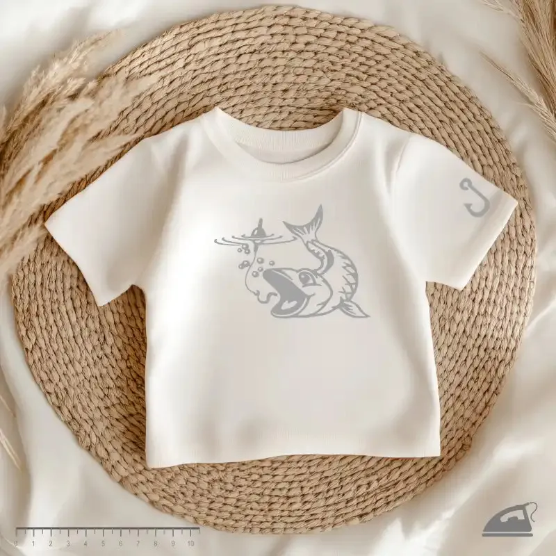 Reflexní nažehlovačka Rybářský úlovek – velký motiv s rybou a háčkem.