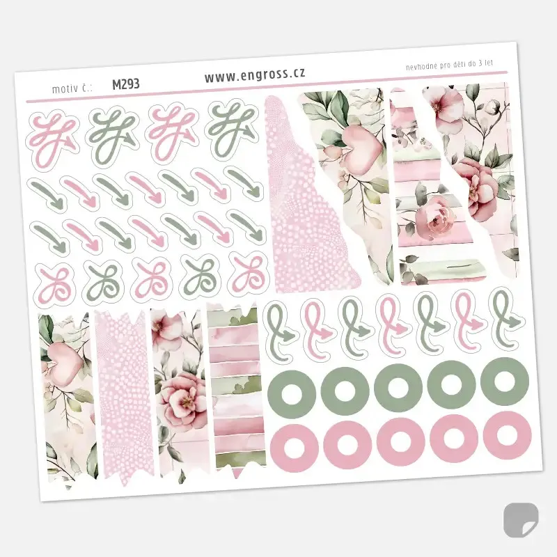 Samolepky do diáře - washi, rohy, šipky, kolečka v růžové a zelené.