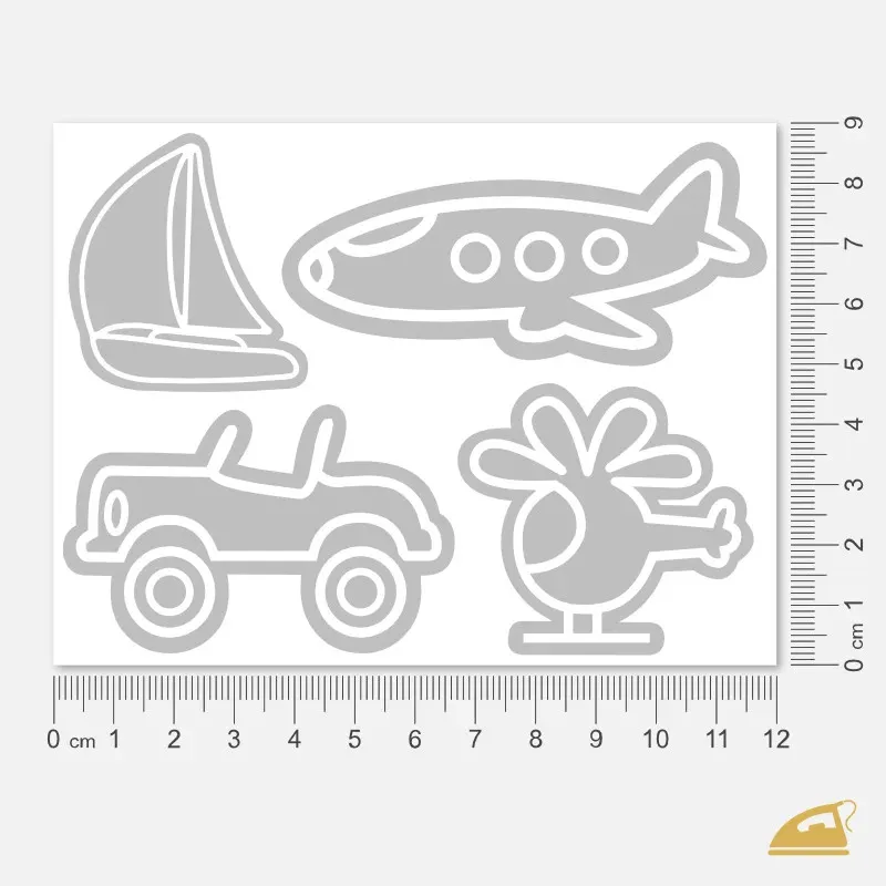 Reflexní nažehlovačky Letadlo, Vrtulník, Auto a Loď – snadné nažehlení žehličkou.