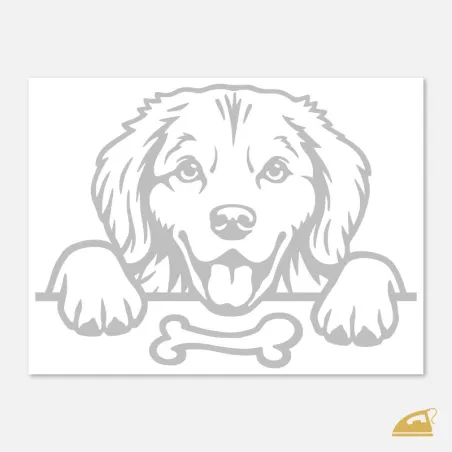 Reflexní nažehlovačka Pes Labrador – velký vykukující motiv a kost na textil.