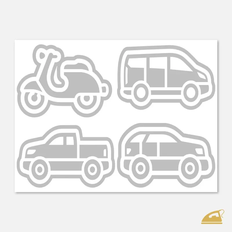 Reflexní nažehlovačky Osobní auta a skútr – sada 4 ks různých dopravních prostředků.