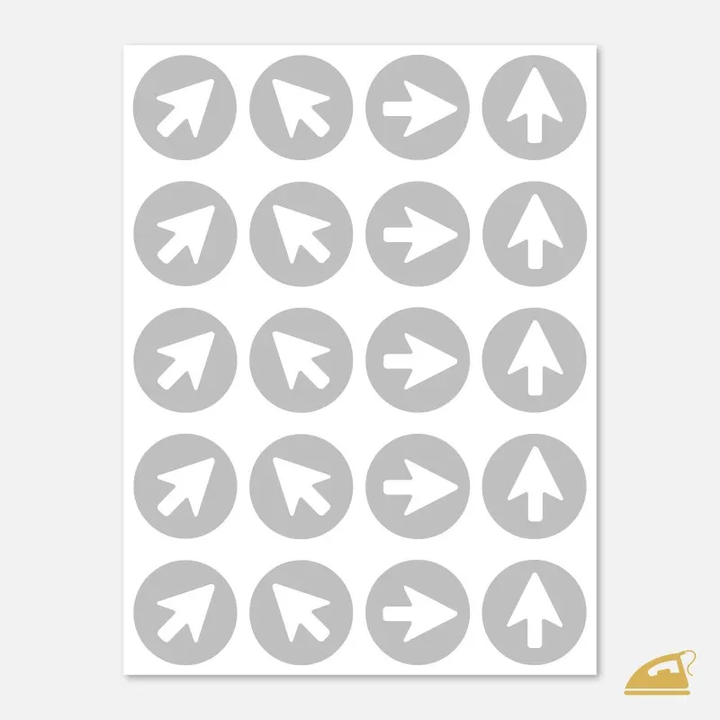 Reflexní nažehlovačky Šipka mini v kruhu – sada 20 ks na drobný textil a doplňky.