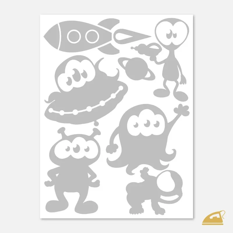 Reflexní nažehlovačka Vesmír a UFO – sada 7 ks mimozemšťanů a rakety na textil.