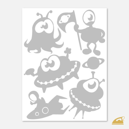 Reflexní nažehlovačky Mimozemšťané a kosmonaut – sada 6 ks vesmírných motivů na textil.