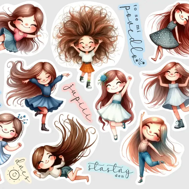 Samolepky holčiček, které tančí radostí.