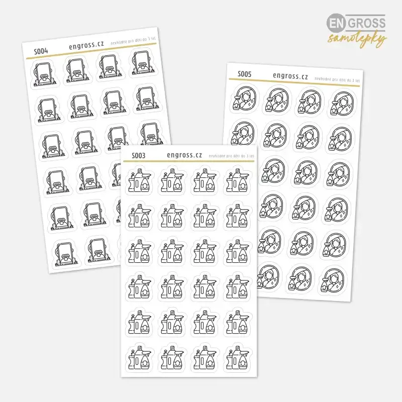 Malé ikonky - samolepky do diáře pro plánování úklidu a údržby domácnosti.